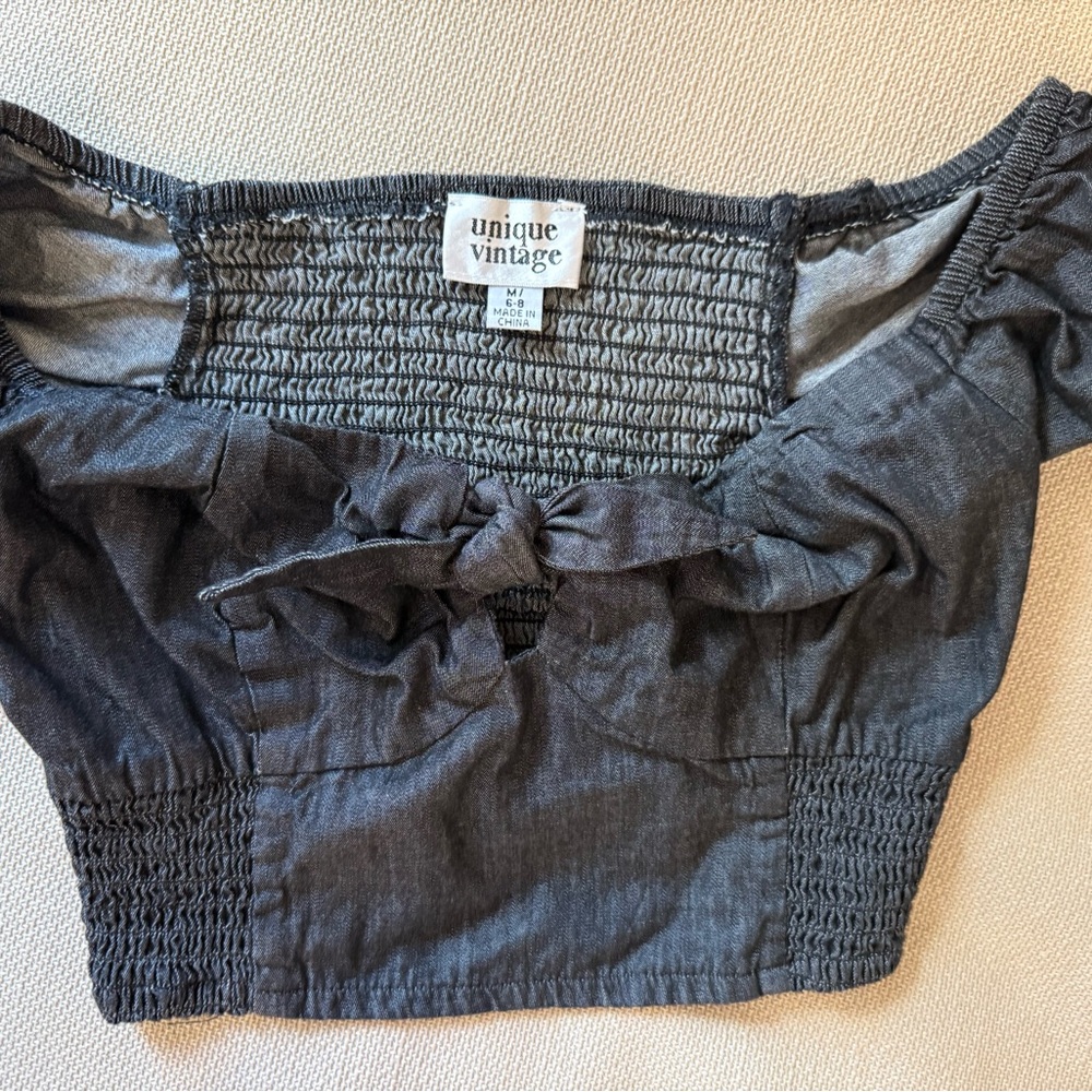 Unique Vintage Gray Smocked Tie Front Blouse